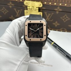 Đồng Hồ Cartier Santos Fake Cao Cấp Mặt Đen Viền Vàng Hồng Máy Cơ Tự Động 51.1×41 (2)