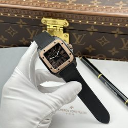 Đồng Hồ Cartier Santos Fake Cao Cấp Mặt Đen Viền Vàng Hồng Máy Cơ Tự Động 51.1×41 (2)