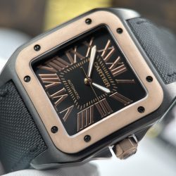 Đồng Hồ Cartier Santos Fake Cao Cấp Mặt Đen Viền Vàng Hồng Máy Cơ Tự Động 51.1×41 (2)