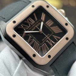 Đồng Hồ Cartier Santos Fake Cao Cấp Mặt Đen Viền Vàng Hồng Máy Cơ Tự Động 51.1×41 (2)