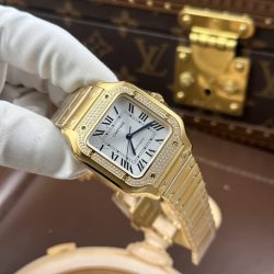 Đồng Hồ Cartier Santos Nữ Chế Tác Mạ Vàng Viền Đính Đá Nhà Máy BV 35mm (2)