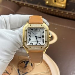 Đồng Hồ Cartier Santos Nữ Chế Tác Mạ Vàng Viền Đính Đá Nhà Máy BV 35mm (2)