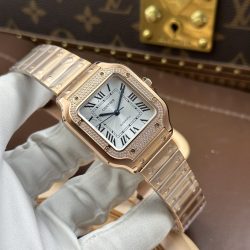 Đồng Hồ Cartier Santos Nữ Replica 11 Vỏ Mạ Vàng Hồng Viền Đính Đá Nhà Máy BV 35mm (2)