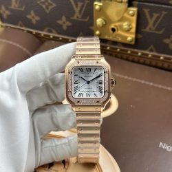 Đồng Hồ Cartier Santos Nữ Replica 11 Vỏ Mạ Vàng Hồng Viền Đính Đá Nhà Máy BV 35mm (2)