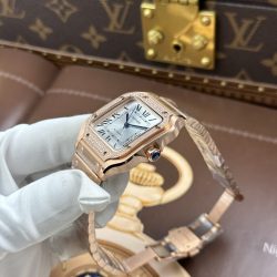 Đồng Hồ Cartier Santos Nữ Replica 11 Vỏ Mạ Vàng Hồng Viền Đính Đá Nhà Máy BV 35mm (2)