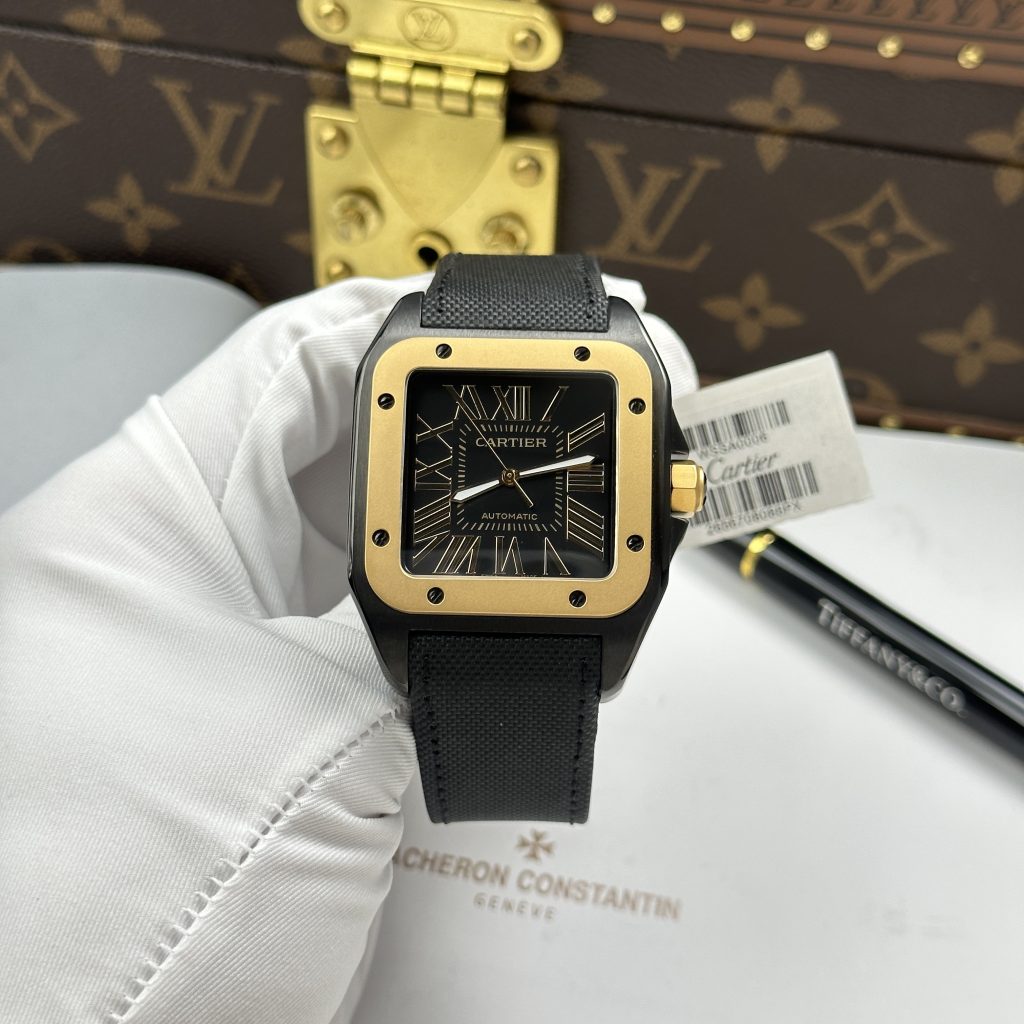 Đồng Hồ Cartier Santos Replica Cao Cấp Mặt Đen Viền Vàng Máy Cơ Tự Động 51.1×41 (2)