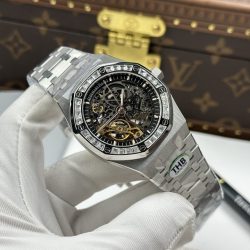 Đồng Hồ Audemars Piguet Chế Tác Royal Oak Openworked Frosted 15412 Mặt Lộ Cơ Viền Đính Đá Baguette 41mm (3)