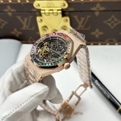 Đồng Hồ Audemars Piguet Rep 11 Royal Oak Openworked Frosted 15412 Mạ Vàng Hồng Viền Đính Đá Baguette 41mm (3)