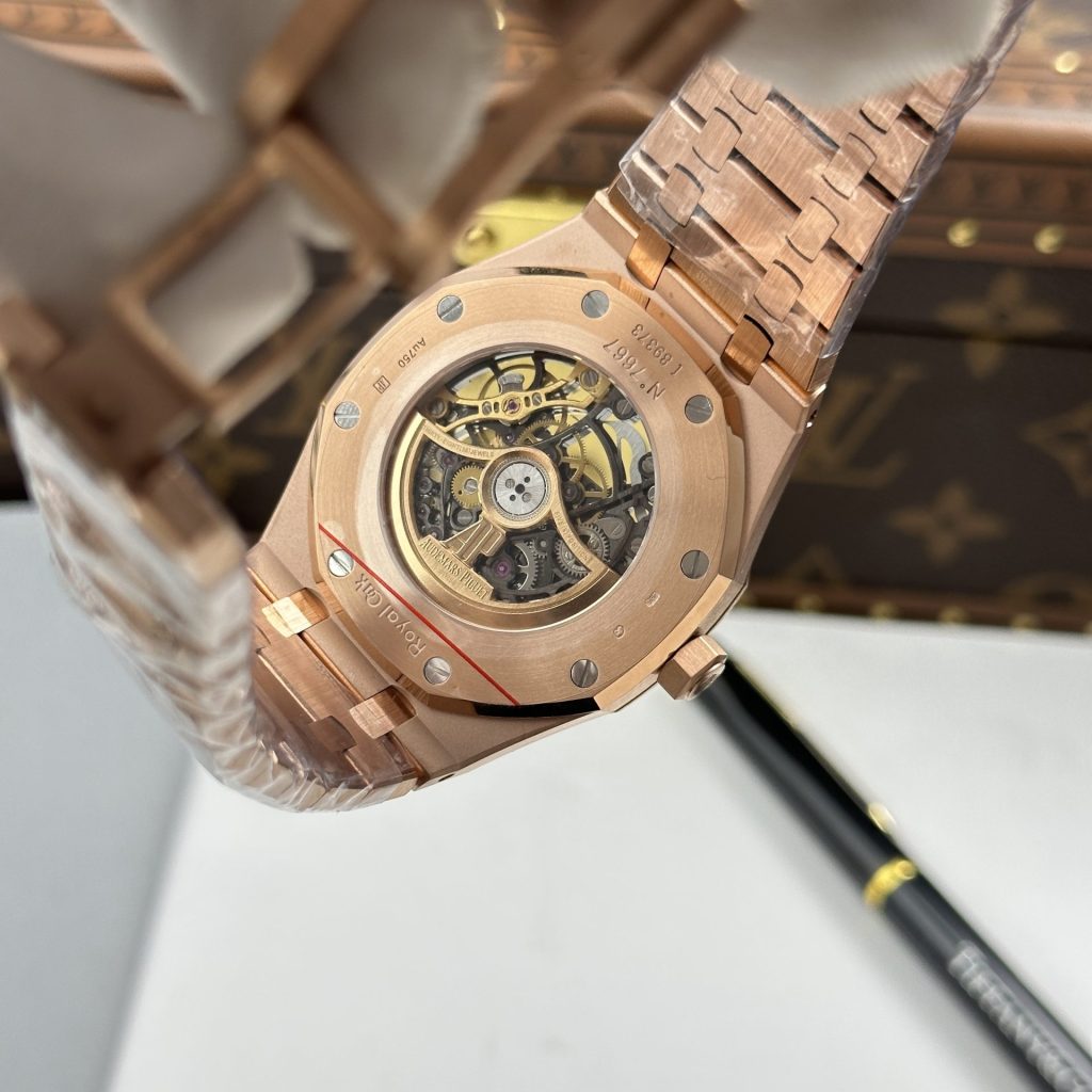Đồng Hồ Audemars Piguet Rep 11 Royal Oak Openworked Frosted 15412 Mạ Vàng Hồng Viền Đính Đá Baguette 41mm (3)