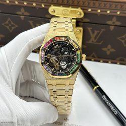 Đồng Hồ Audemars Piguet Replica 11 Royal Oak Openworked Frosted 15412 Mạ Vàng Viền Đính Đá Baguette 41mm