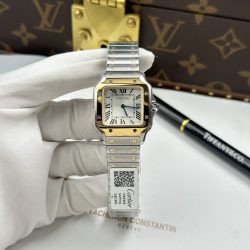 Đồng Hồ Cartier De Santos Small Chế Tác Mặt Trắng Viền Mạ Vàng 27×34 (2)