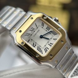 Đồng Hồ Cartier De Santos Small Chế Tác Mặt Trắng Viền Mạ Vàng 27×34 (2)