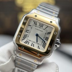 Đồng Hồ Cartier De Santos Small Chế Tác Mặt Trắng Viền Mạ Vàng 27×34 (2)