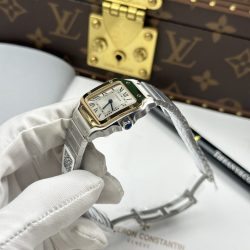 Đồng Hồ Cartier De Santos Small Chế Tác Mặt Trắng Viền Mạ Vàng 27×34 (2)