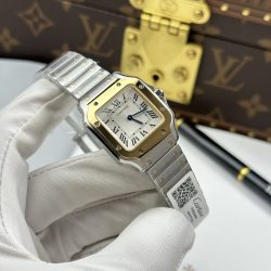 Đồng Hồ Cartier De Santos Small Chế Tác Mặt Trắng Viền Mạ Vàng 27×34 (2)