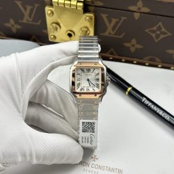 Đồng Hồ Cartier De Santos Small Chế Tác Mặt Trắng Viền Mạ Vàng Hồng 27×34 (2)