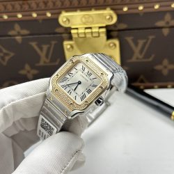 Đồng Hồ Cartier De Santos Small Rep 11 Mặt Trắng Viền Mạ Vàng Đính Đá 27x34 (2)
