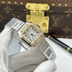 Đồng Hồ Cartier De Santos Small Rep 11 Mặt Trắng Viền Mạ Vàng Đính Đá 27x34 (2)