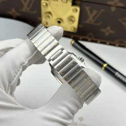 Đồng Hồ Cartier De Santos Small Rep 11 Mặt Trắng Viền Mạ Vàng Đính Đá 27x34 (2)