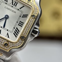 Đồng Hồ Cartier De Santos Small Rep 11 Mặt Trắng Viền Mạ Vàng Đính Đá 27x34 (2)