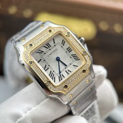 Đồng Hồ Cartier De Santos Small Rep 11 Mặt Trắng Viền Mạ Vàng Đính Đá 27x34 (2)