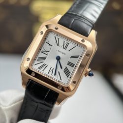 Đồng Hồ Cartier Replica 11 Santos Dumont Mặt Trắng Bạc Vỏ Mạ Vàng Hồng 43.5x31 (2)