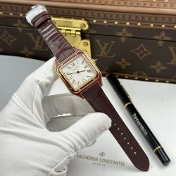 Đồng Hồ Cartier Santos Dumont Chế Tác Mặt Trắng Dây Da Màu Đỏ Đậm 43.5×31 (2)