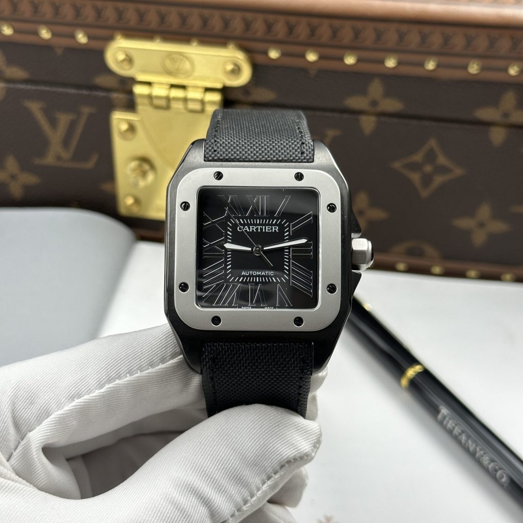 Đồng Hồ Cartier Santos Rep 11 Màu Đen Viền Nhám Màu Xám 51.1x41 (2)