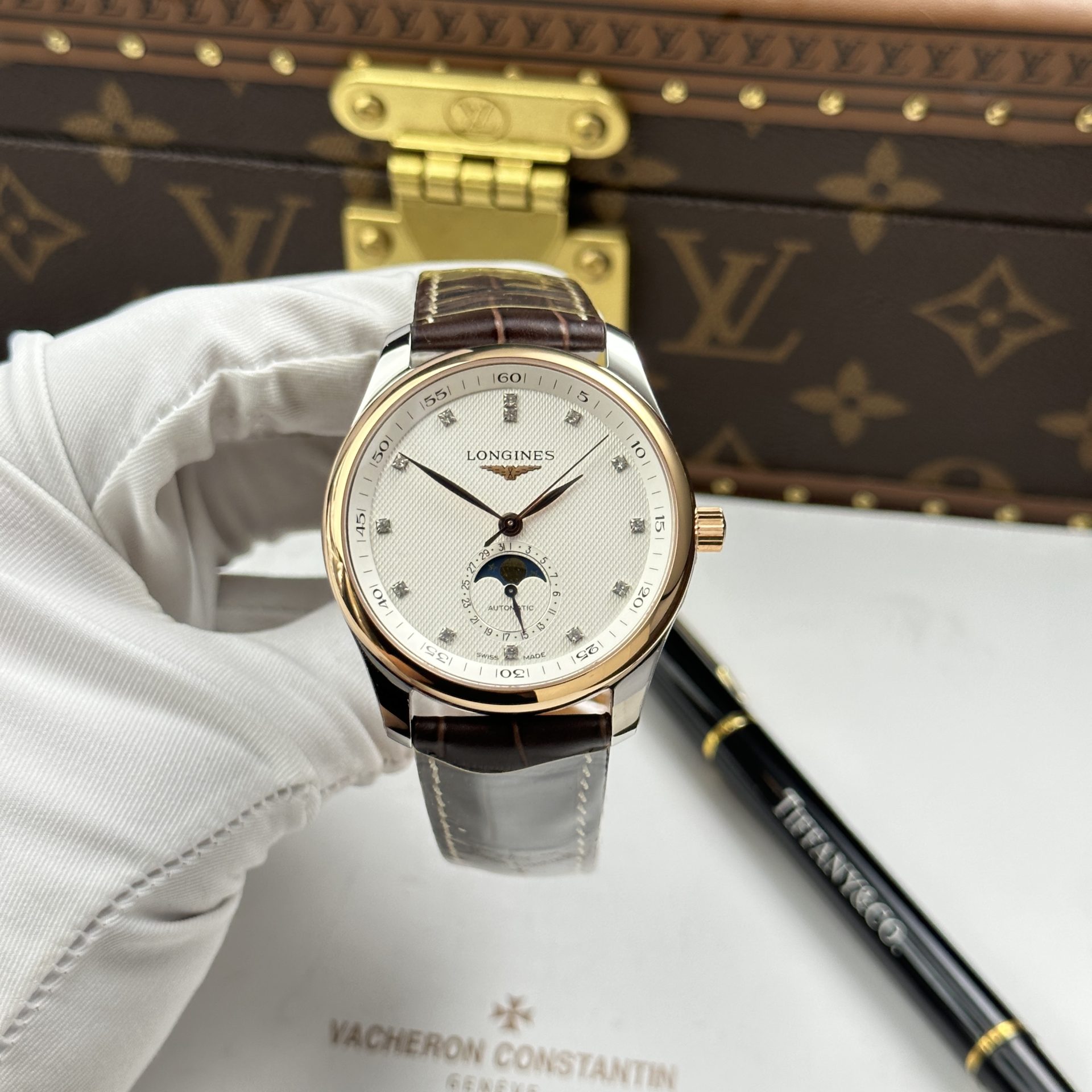 Đồng Hồ Longines Replica 11 Master Collection Moonphase Mặt Trắng Dây Da Nâu 40mm (3)