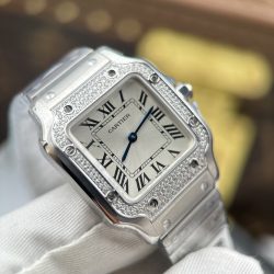 Đồng Hồ Nữ Replica 11 Cartier De Santos Small Mặt Trắng Viền Đính Đá 27x34 (2)