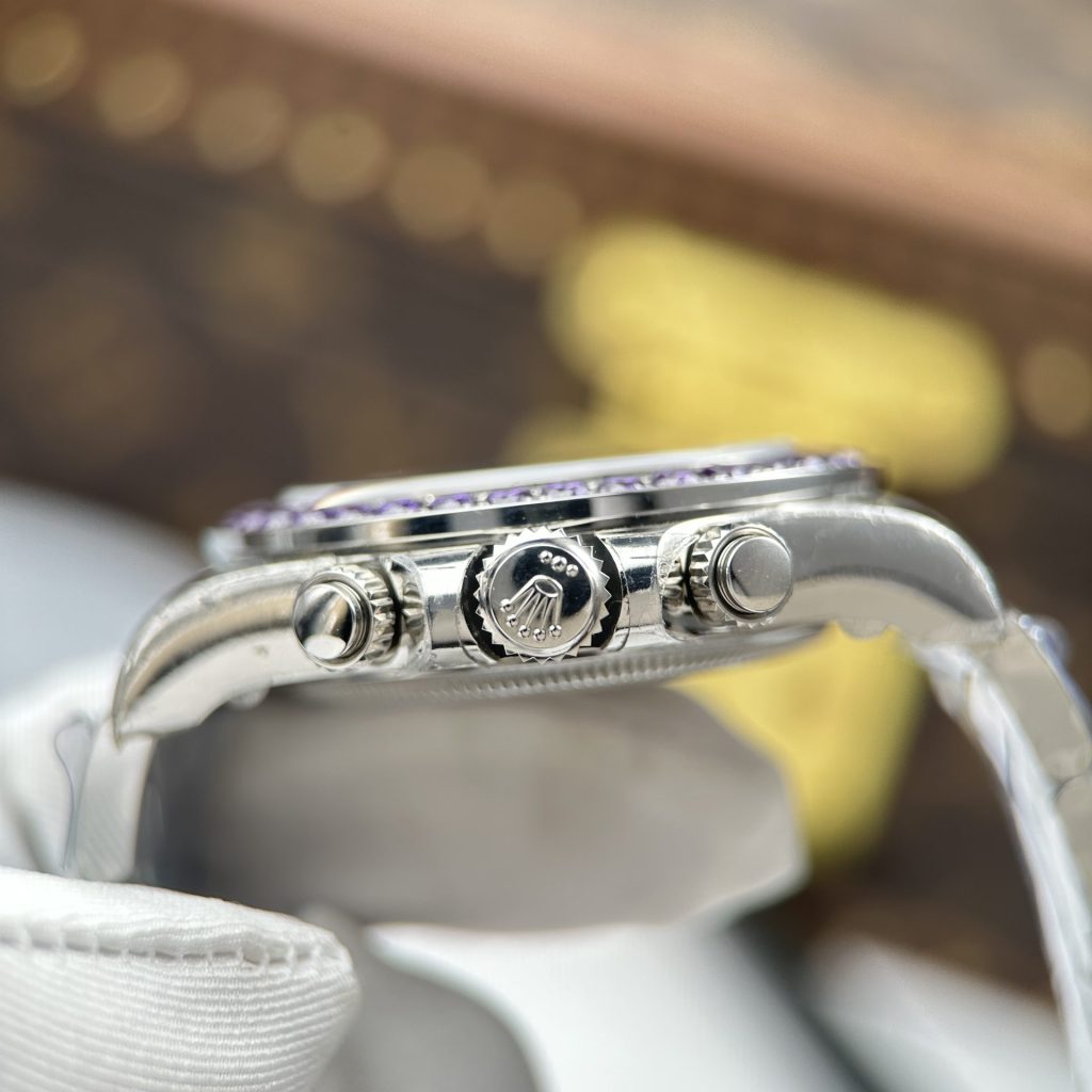 Đồng Hồ Rolex Daytona Chế Tác Mặt Khảm Xà Cừ Tím Viền Đính Đá 40mm (1)